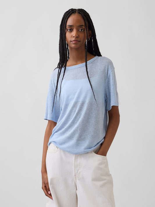 Açık Mavi Keten Karışımlı Relaxed T-shirt