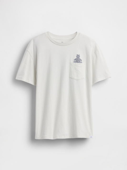 Kırık Beyaz Cepli Grafik T-Shirt