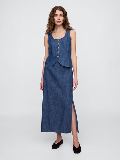 Mavi V Yaka Denim Askılı Bluz