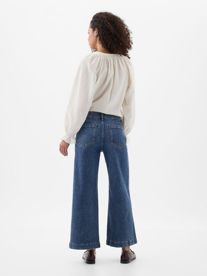 Koyu Mavi High Rise Wide-leg Crop Jean Pantolon