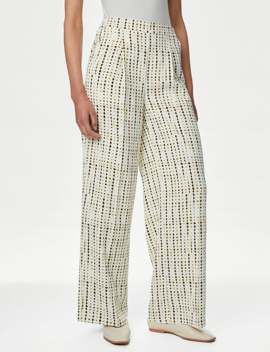 Yüksek Bel Desenli Wide Leg Pantolon