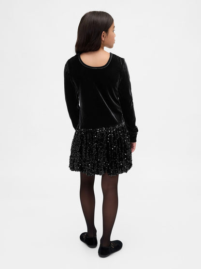 Siyah Mixed Media Sequin Balon Elbise