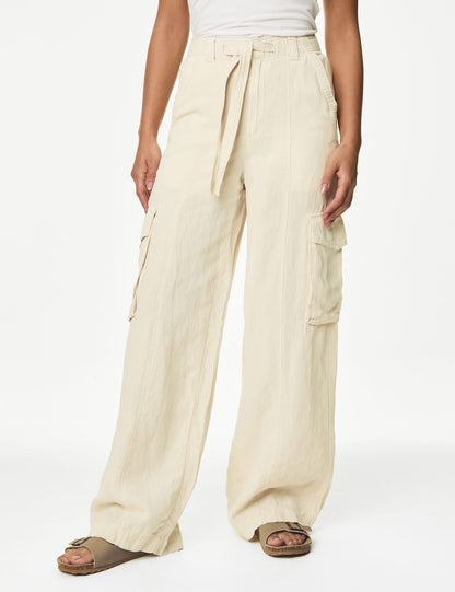 Wide Leg Keten Kargo Pantolon