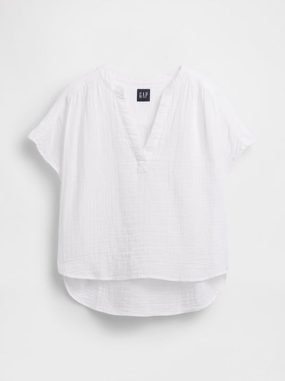 Beyaz Pamuk Gauze Oversized Split-neck Üst