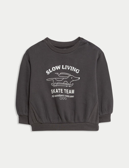Pamuk Karışımlı Kaykaylı Köpek Baskılı Sweatshirt Ve Pantolon Takımı (0–6 Yaş)