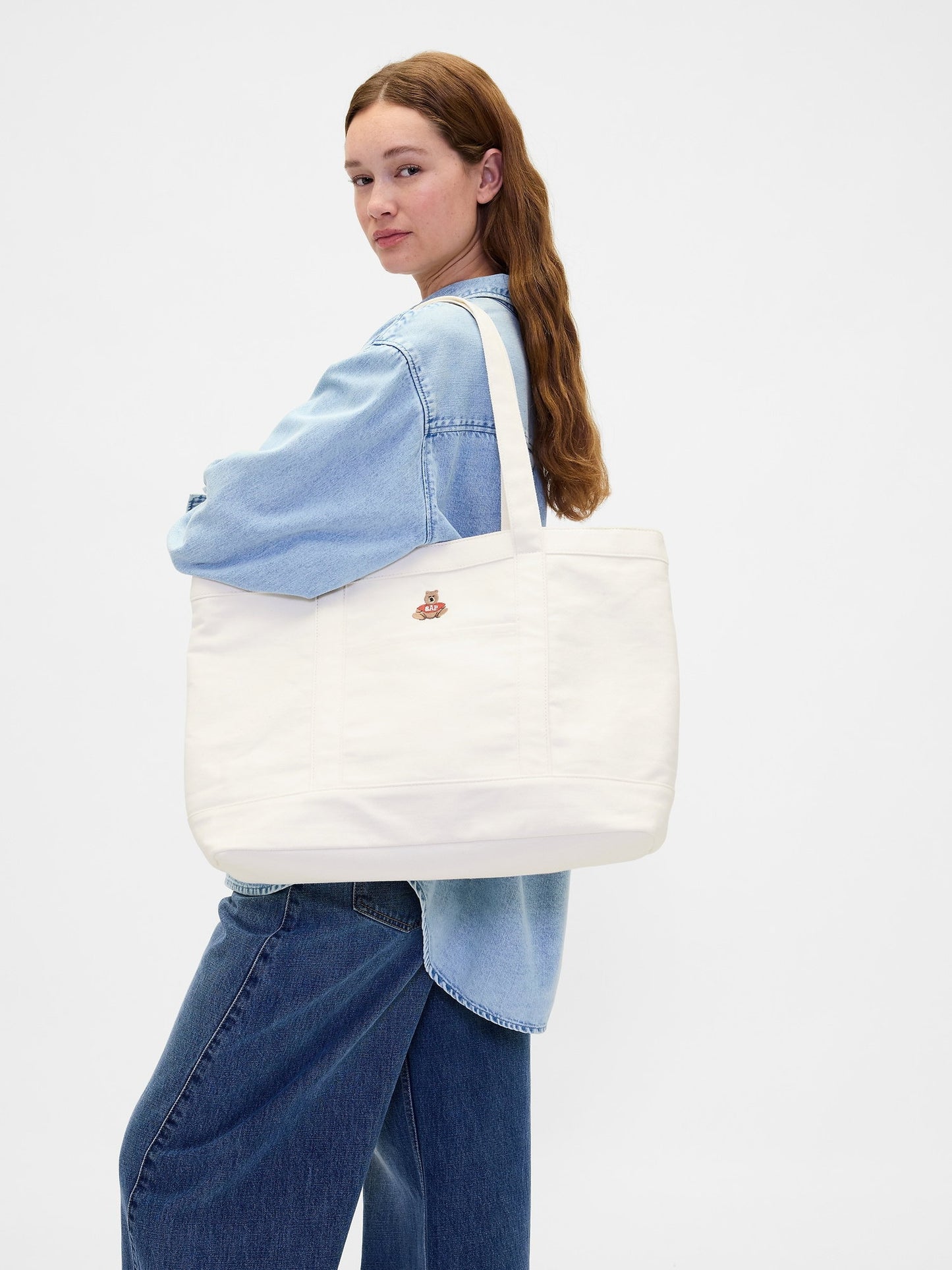 Beyaz Brannan Bear Logo Denim Tote Çanta