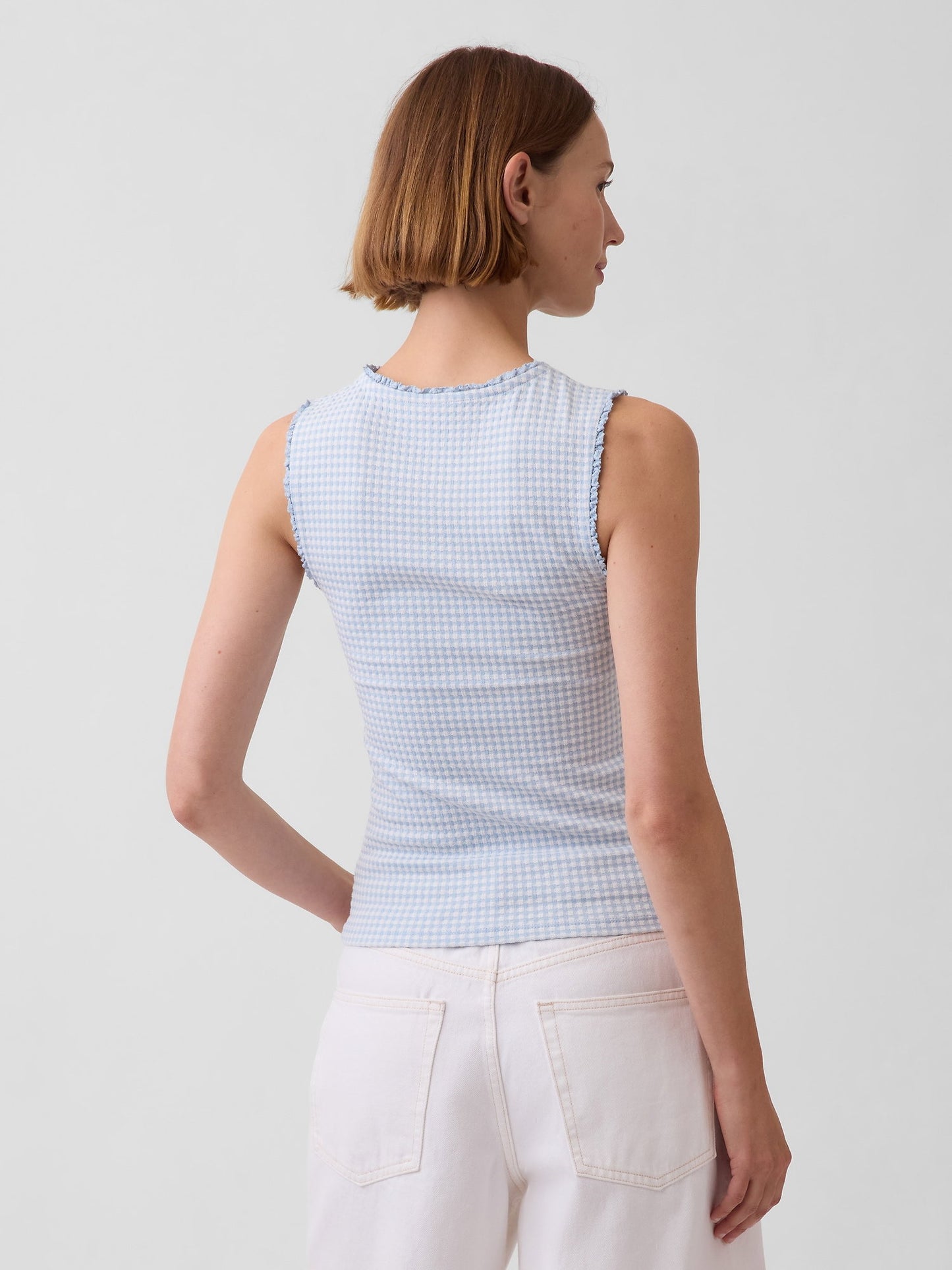Açık Mavi Gingham Pointelle Shell Kolsuz Bluz