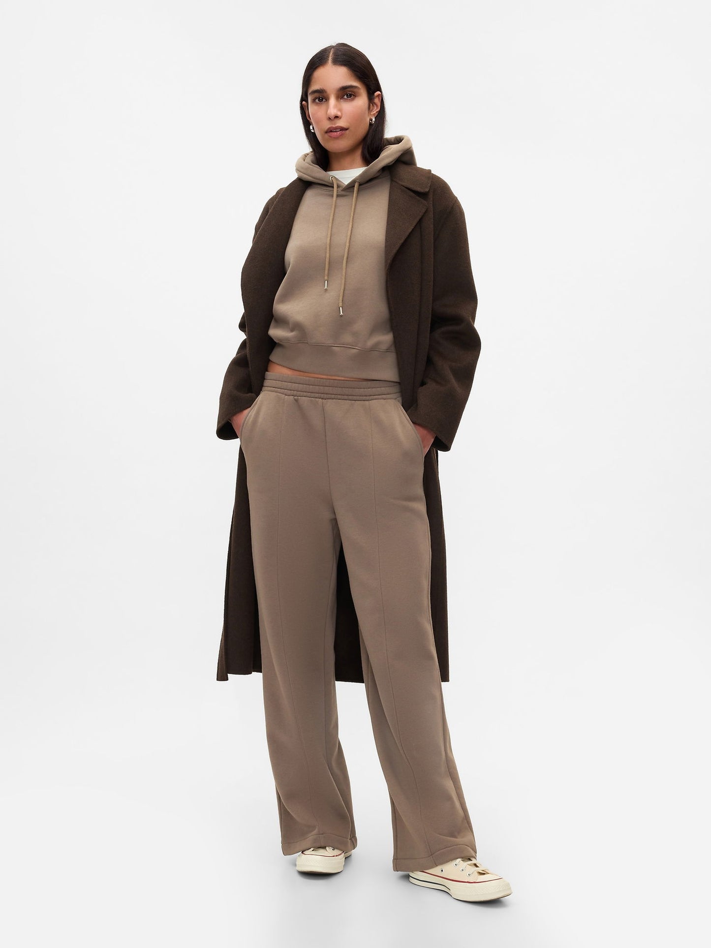 Kahverengi Vintage Soft Wide-Leg Fleece Eşofman Altı
