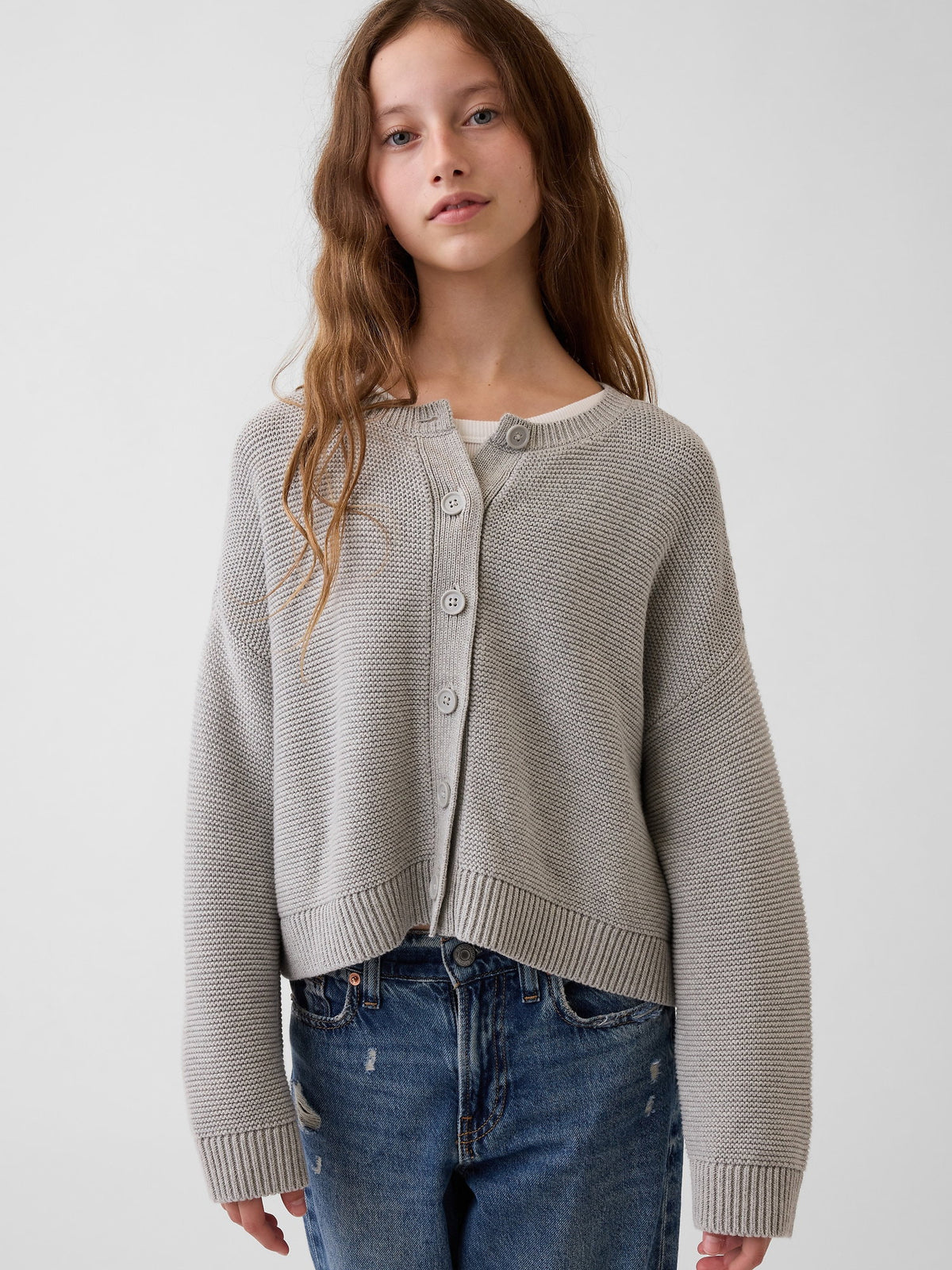 Açık Gri %100 Pamuk Oversized Boxy Triko Hırka