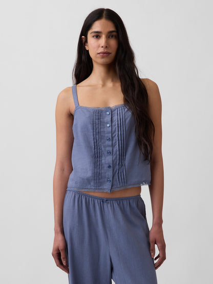 Beyaz Keten Karışımlı Pintuck Kısa Askılı Pijama Üstü