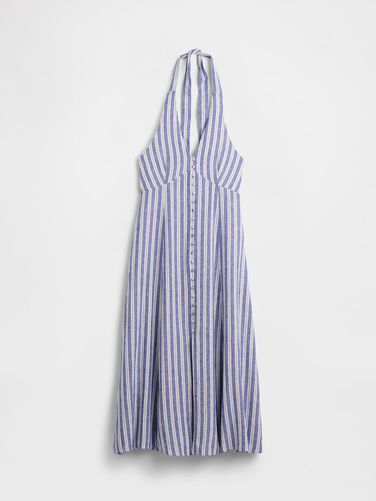 Mavi Keten Karışımlı Halter Maxi Elbise