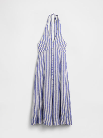 Mavi Keten Karışımlı Halter Maxi Elbise
