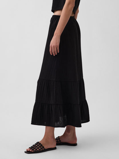 Siyah Pamuk Gauze Tiered Easy Maxi Etek