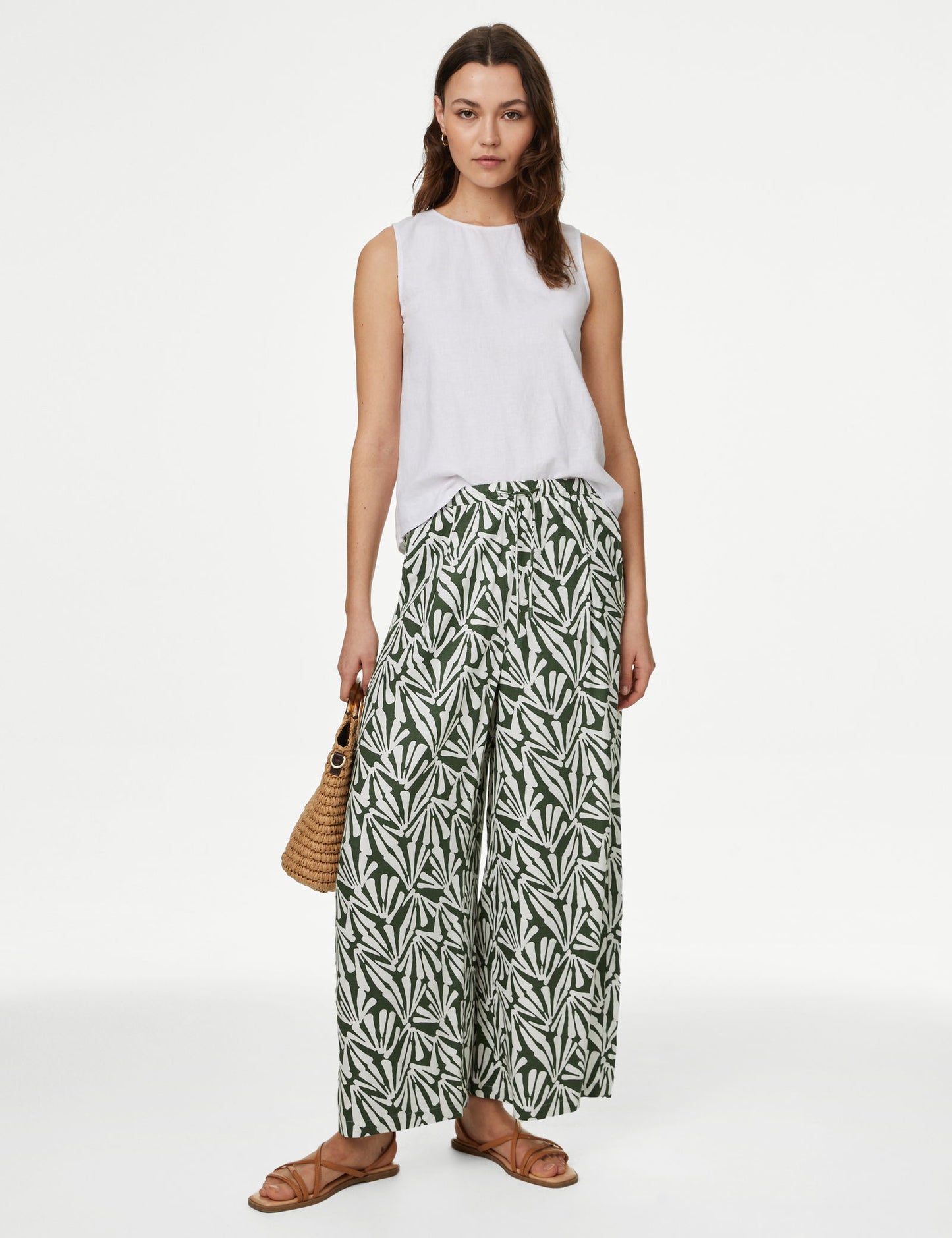 Yüksek Bel Desenli Crop Wide Leg Pantolon