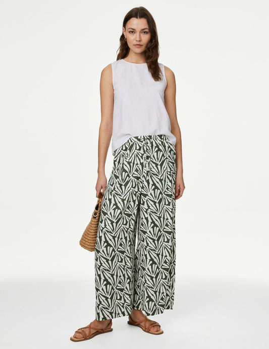 Yüksek Bel Desenli Crop Wide Leg Pantolon