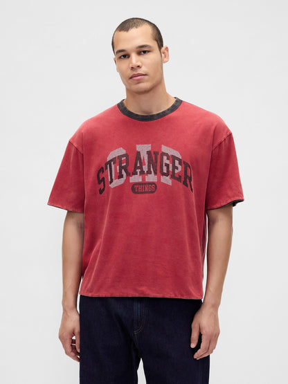 Koyu Gri Stranger Things Yetişkin Tersine Çevirilebilir Grafik T-shirt