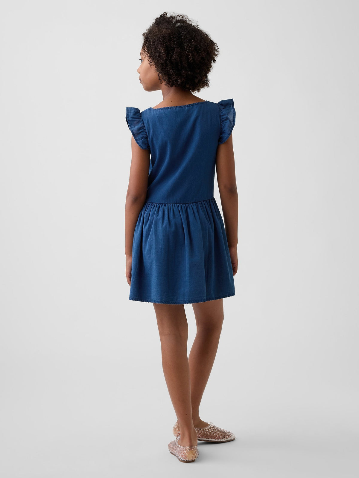 Mavi Flutter-sleeve Dantel Kenar Detaylı Elbise