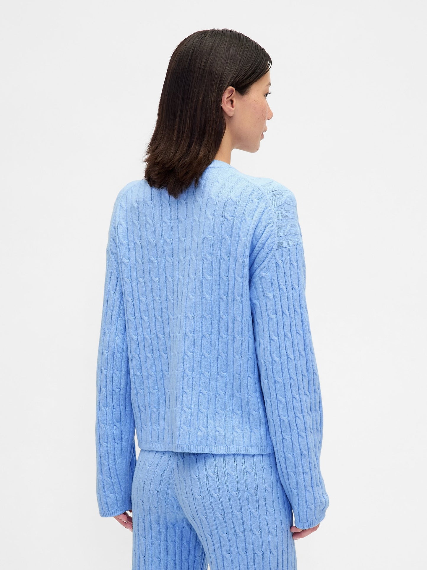 Açık Mavi Cashsoft Cable-knit Bisiklet Yaka Kazak