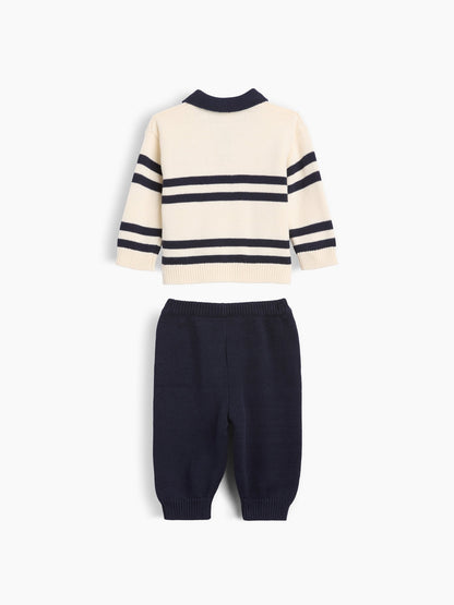 Lacivert Çizgili Polo Kazak Outfit Set