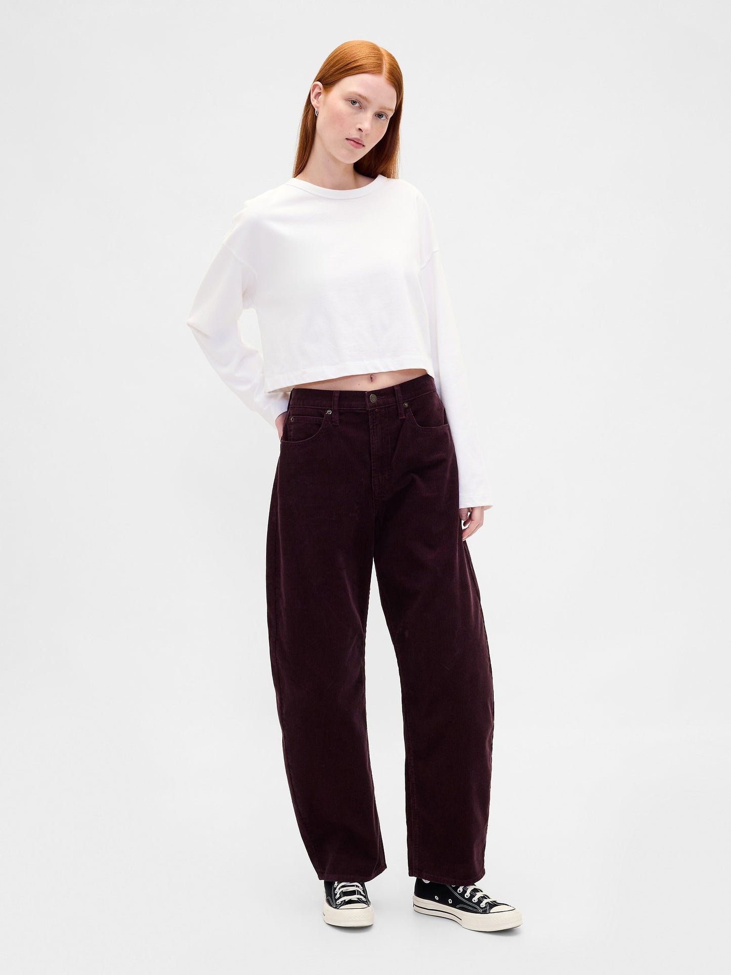 Bordo High Rise Kadife Barrel Pantolon
