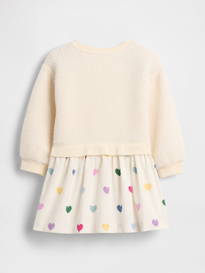 Krem Mixed Media Kalp Desenli Sweatshirt Elbise