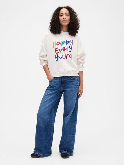 Kırık Beyaz Oversized Grafik Baskılı Sweatshirt