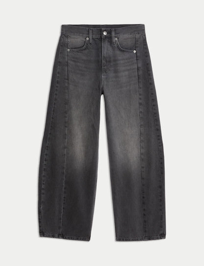 Saf Pamuklu Barrel Leg Jean Pantolon