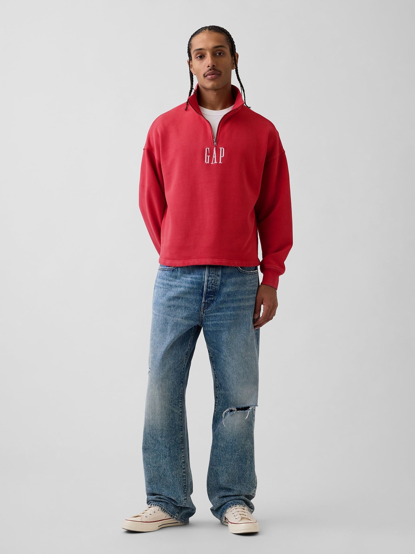 Kırmızı Heavyweight Oversized Logo Yarım Fermuarlı Sweatshirt