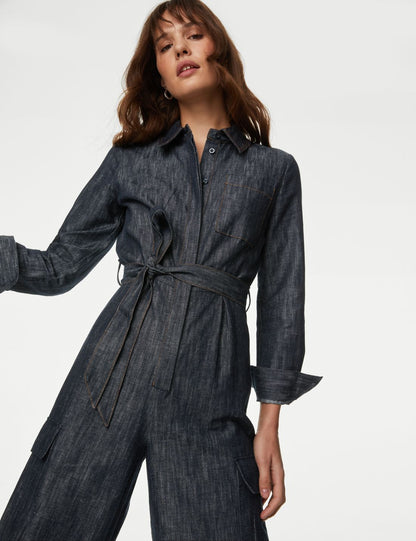 Uzun Kollu Denim Keten Tulum
