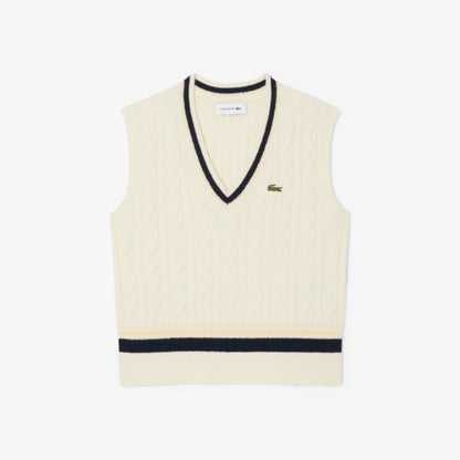 Lacoste Kadın Classic Fit V Yaka Krem Süveter