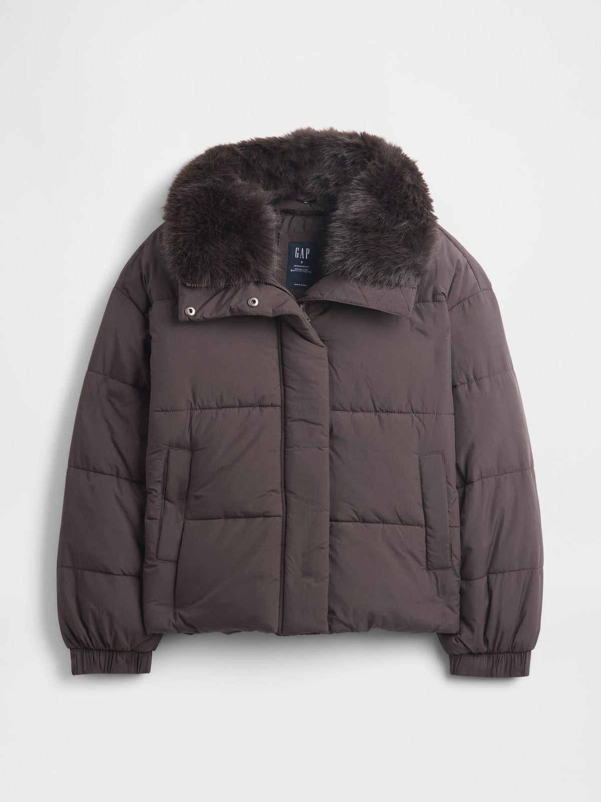 Koyu Kahverengi Faux Fur-trim Puffer Şişme Mont