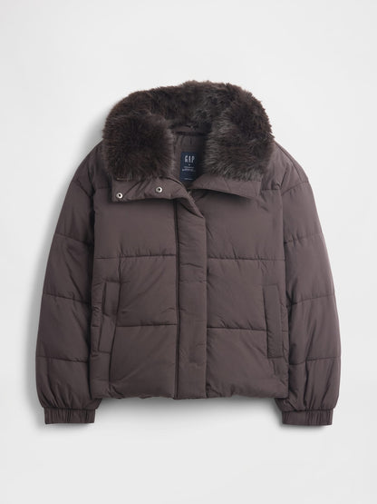 Koyu Kahverengi Faux Fur-trim Puffer Şişme Mont