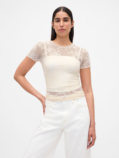 Krem Çiçek Desenli Dantel T-shirt