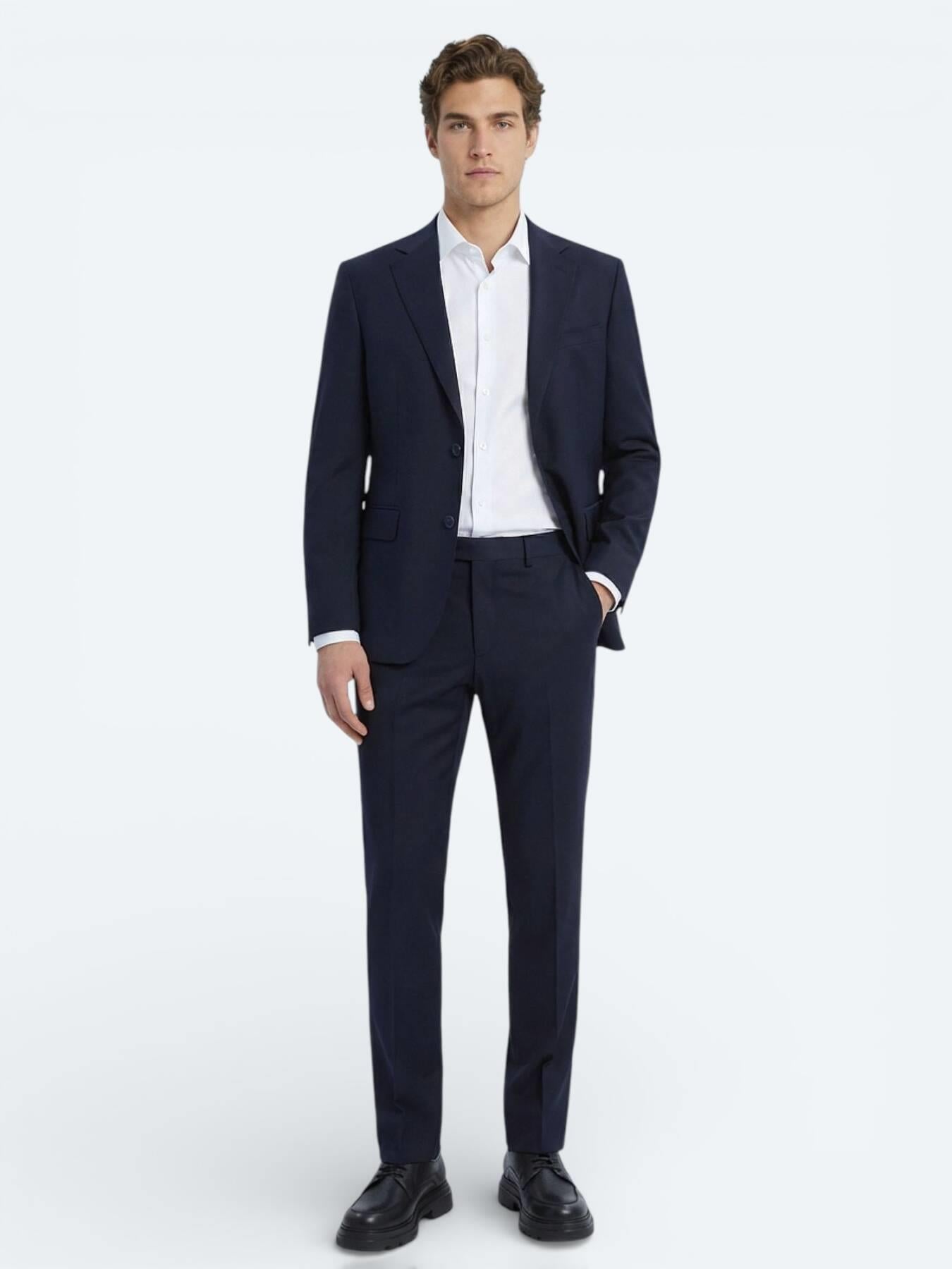 Lacivert Düz Modern Fit Yün Karışımlı Takım Elbise