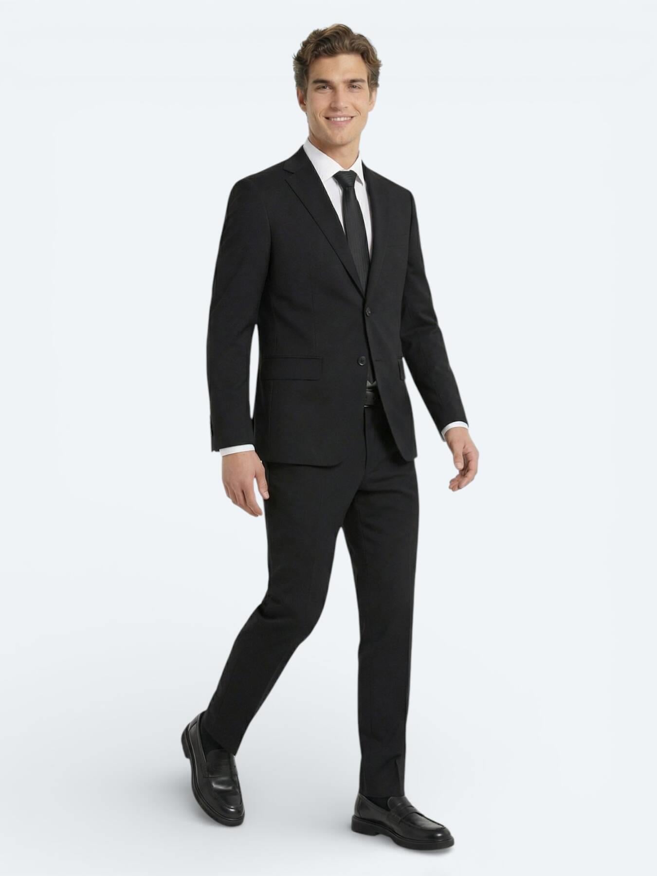 Siyah Düz Modern Fit Yün Karışımlı Takım Elbise
