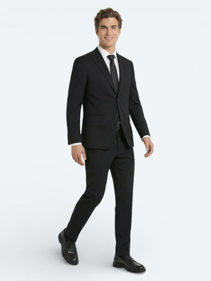 Siyah Düz Modern Fit Yün Karışımlı Takım Elbise