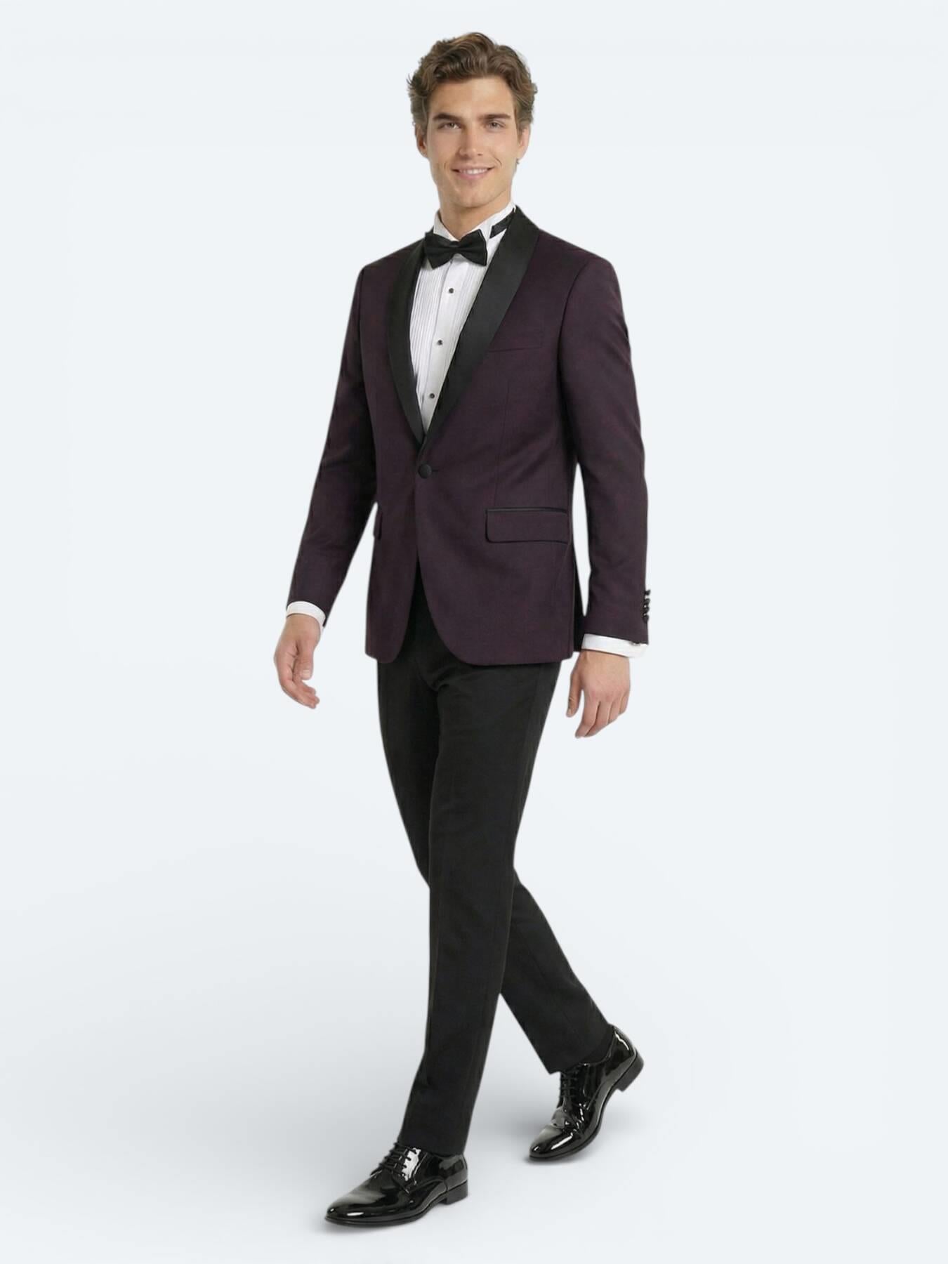Bordo Slim Fit Çıkarılabilir Şal Yaka Dokuma Smokin Takım Elbise