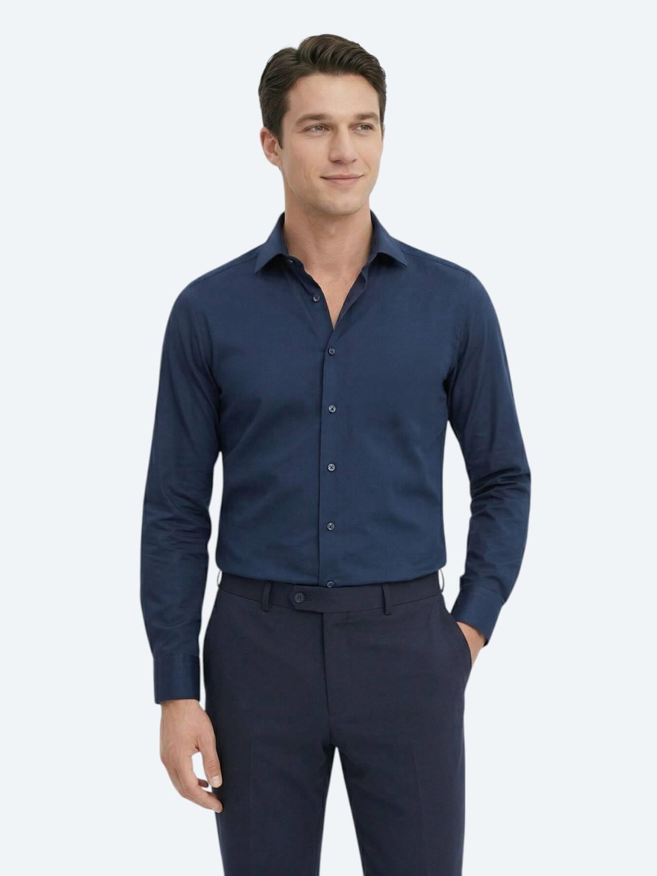 Lacivert Düz Slim Fit Uzun Dokuma Klasik %100 Pamuk Gömlek