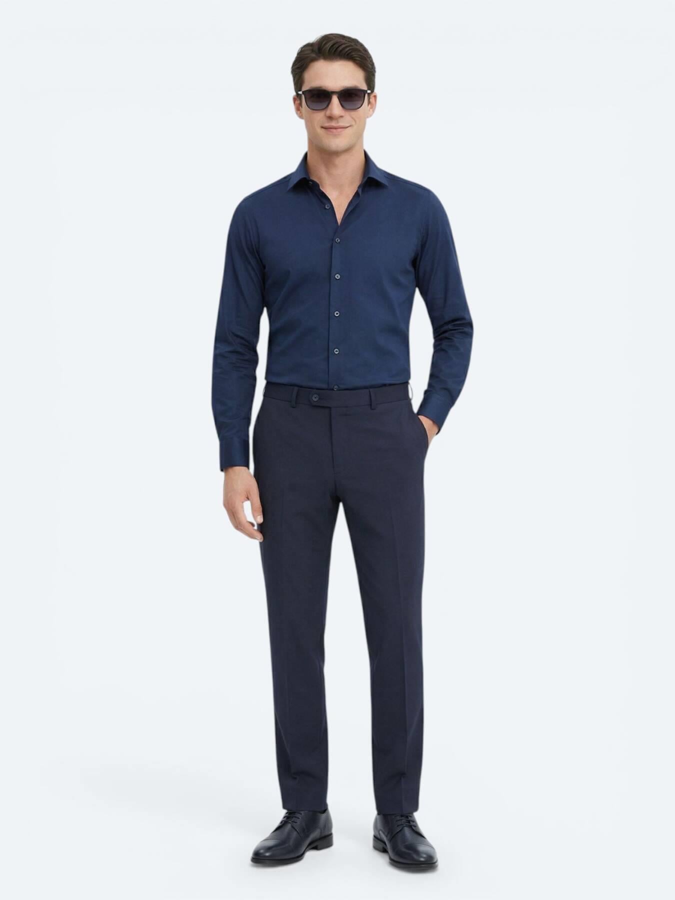 Lacivert Düz Slim Fit Uzun Dokuma Klasik %100 Pamuk Gömlek