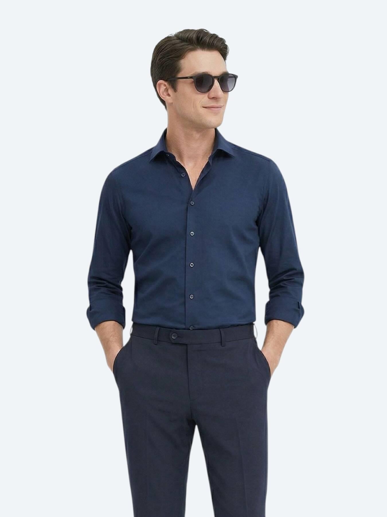 Lacivert Düz Slim Fit Uzun Dokuma Klasik %100 Pamuk Gömlek