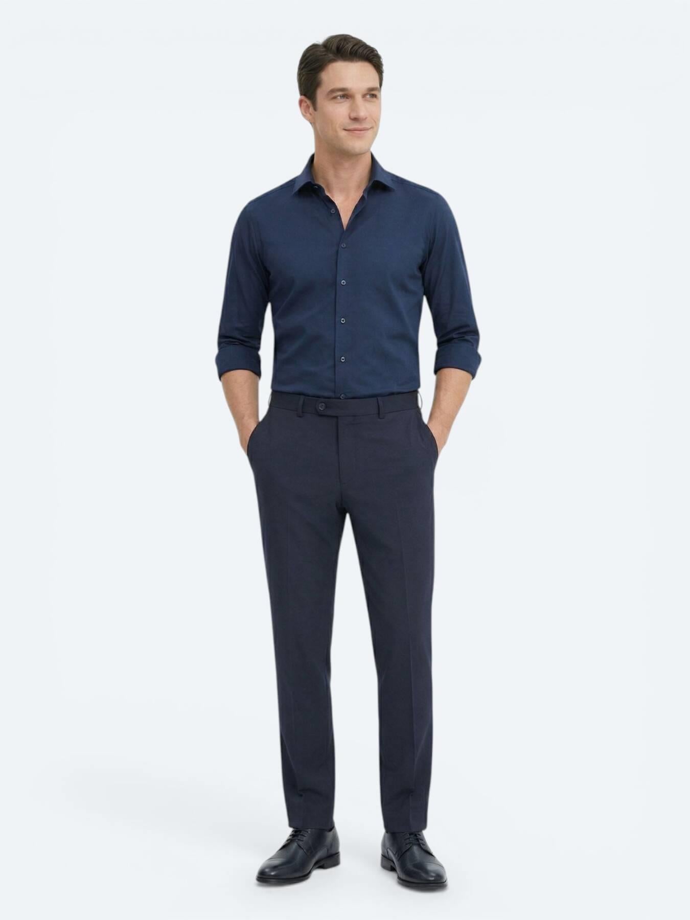 Lacivert Düz Slim Fit Uzun Dokuma Klasik %100 Pamuk Gömlek