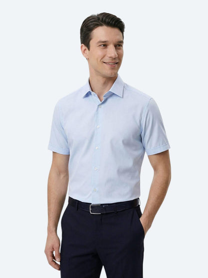 Açık Mavi Regular Fit Kısa Dokuma Klasik Pamuk Karışımlı Gömlek