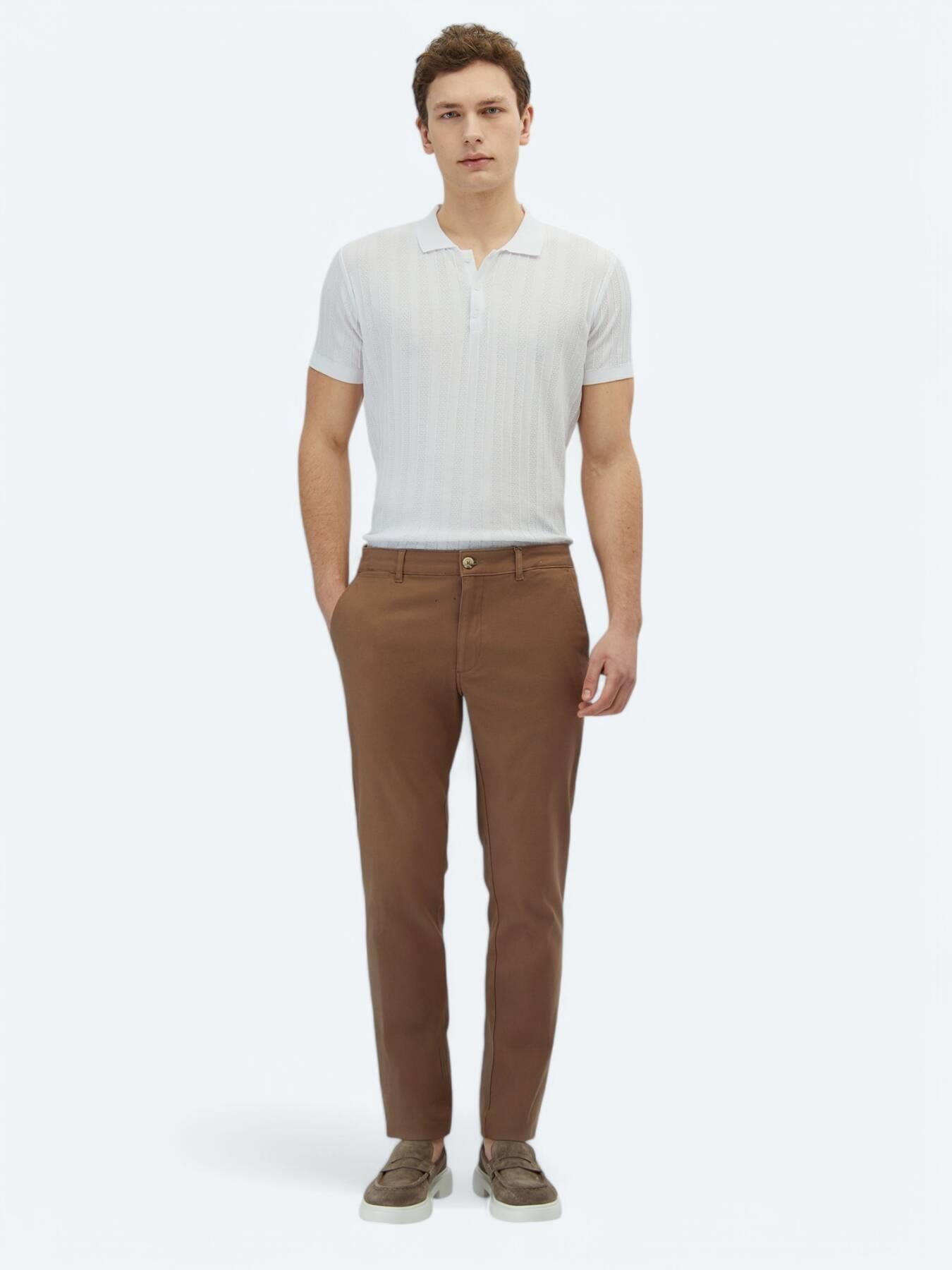 Açık Kahve Düz Dokuma Regular Fit Casual Pamuk Karışımlı Pantolon