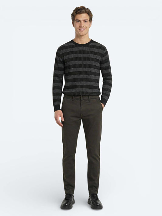 Haki Düz Dokuma Regular Fit Casual Pamuk Karışımlı Pantolon