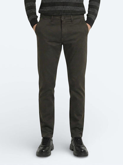 Haki Düz Dokuma Regular Fit Casual Pamuk Karışımlı Pantolon