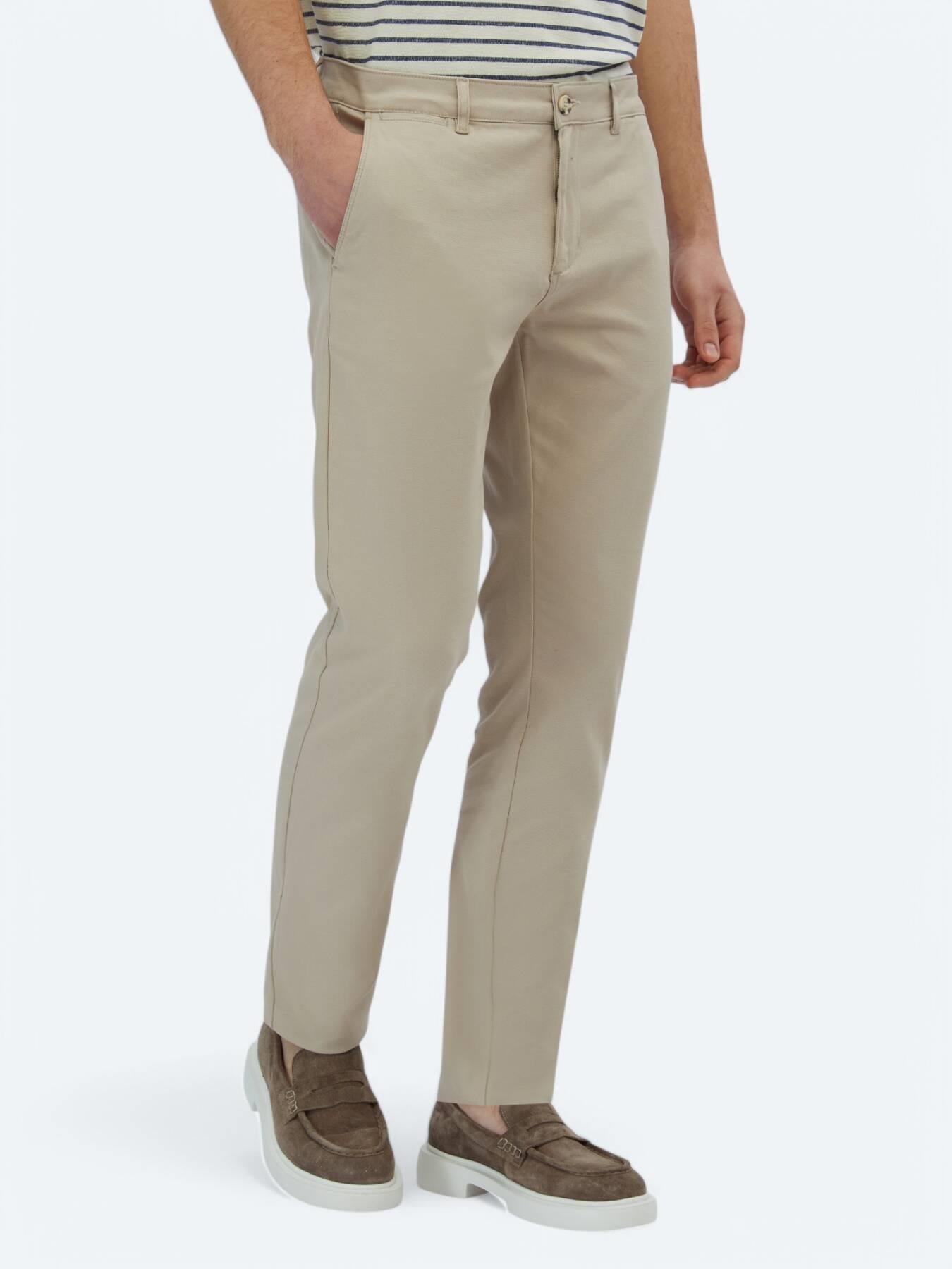 Bej Düz Dokuma Regular Fit Casual Pamuk Karışımlı Pantolon