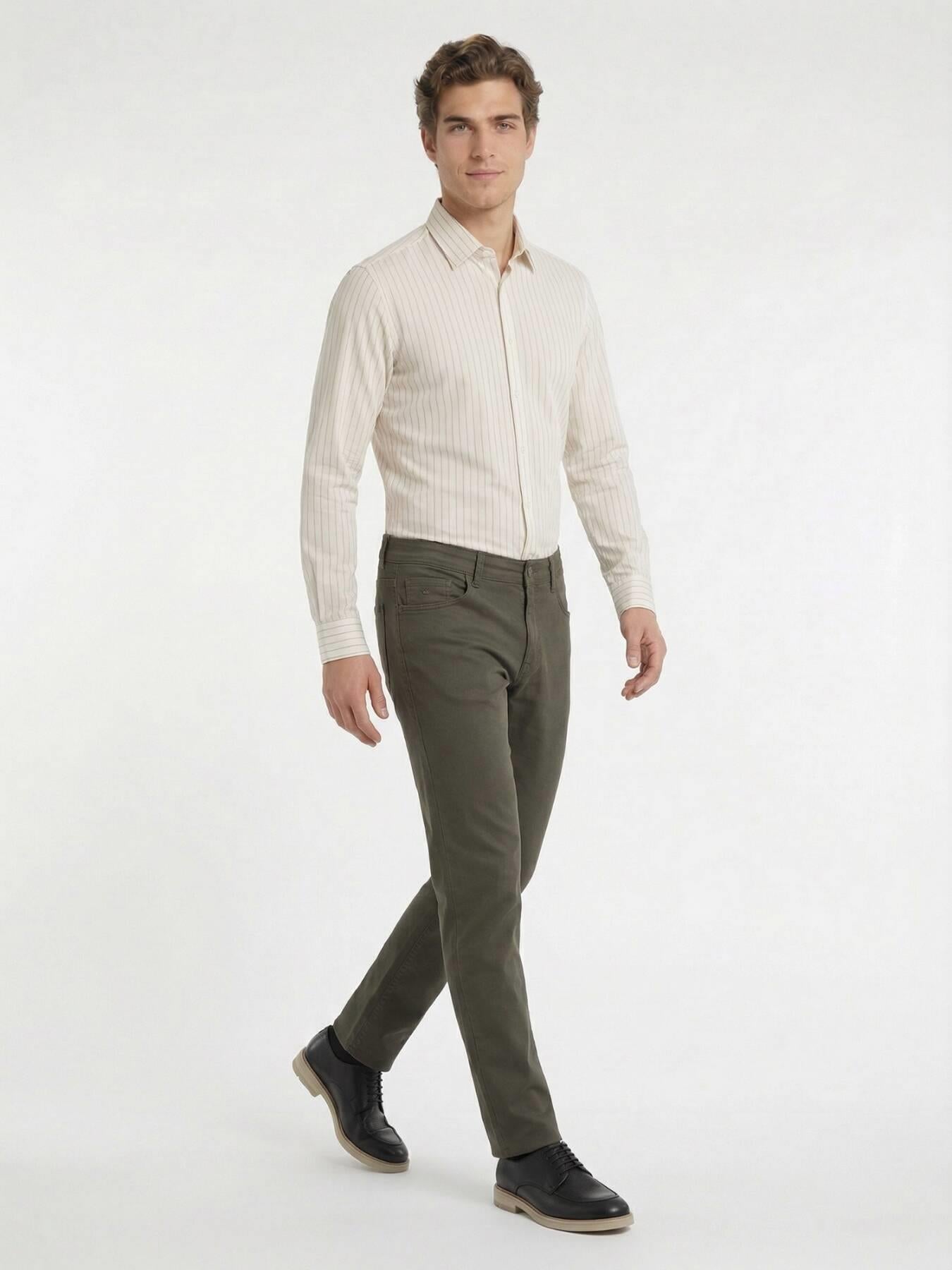 Haki Düz Dokuma Slim Fit Casual Pamuk Karışımlı Pantolon