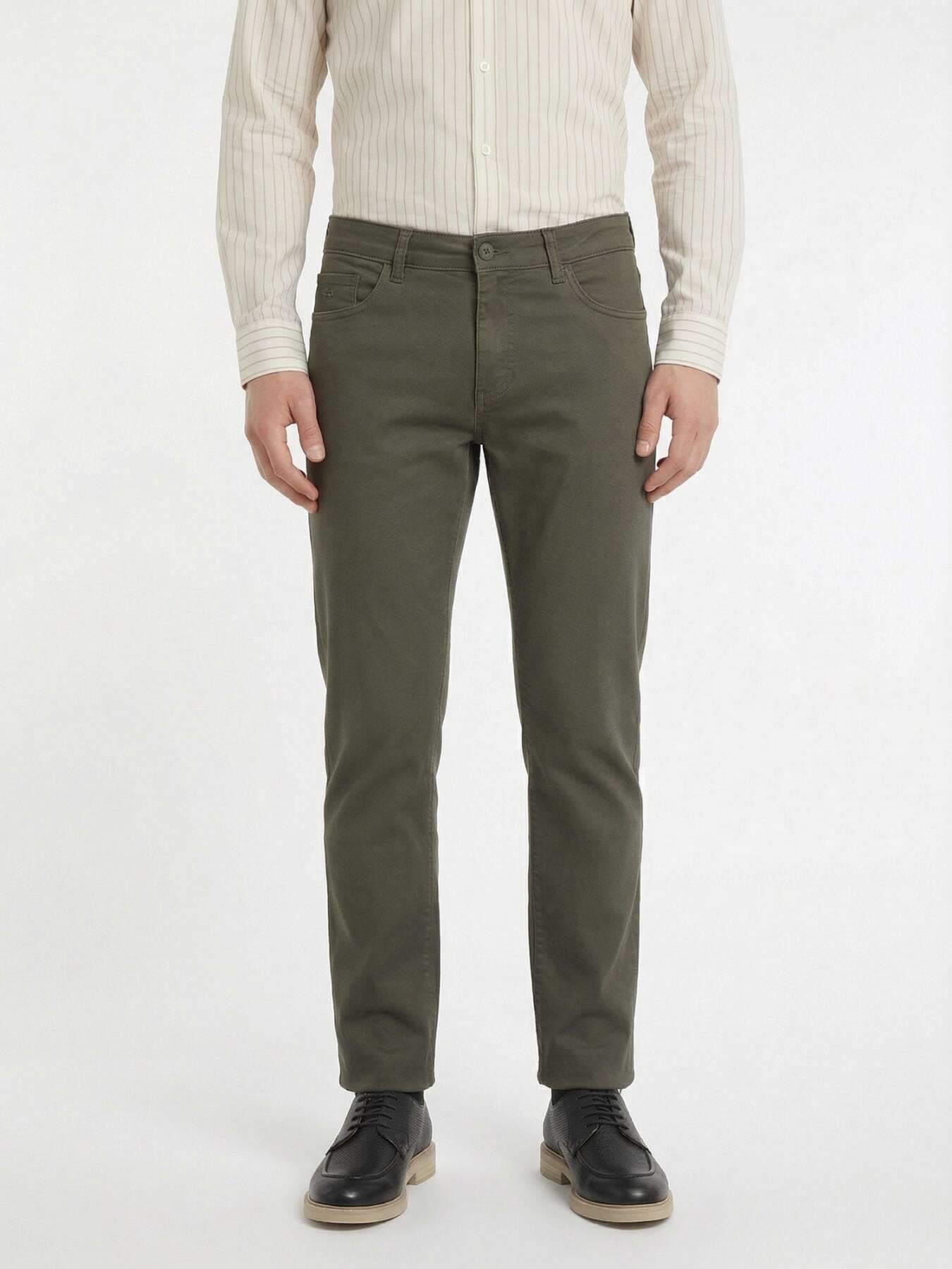 Haki Düz Dokuma Slim Fit Casual Pamuk Karışımlı Pantolon