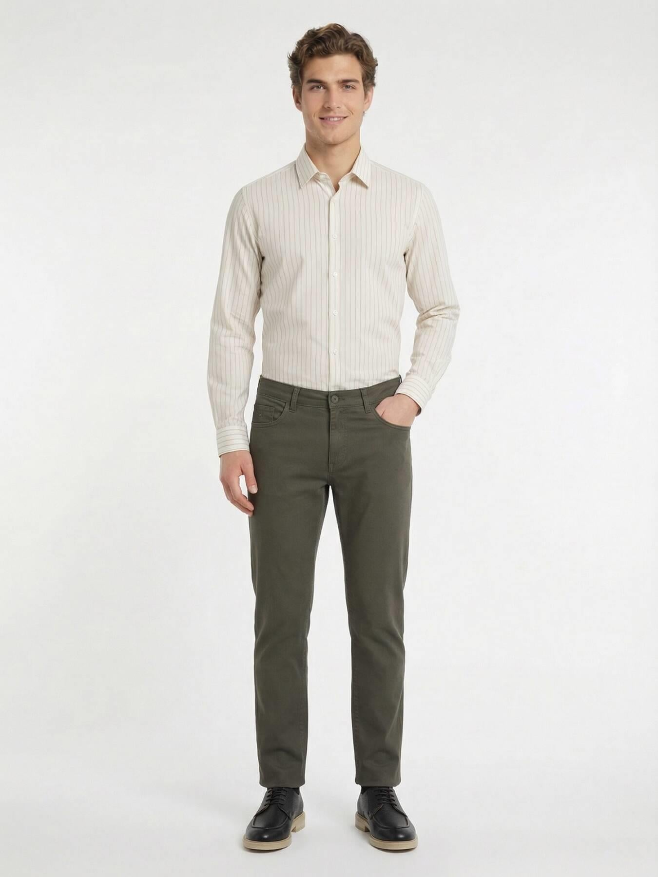 Haki Düz Dokuma Slim Fit Casual Pamuk Karışımlı Pantolon