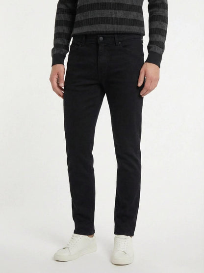Siyah Düz Dokuma Slim Fit Casual Pamuk Karışımlı Pantolon